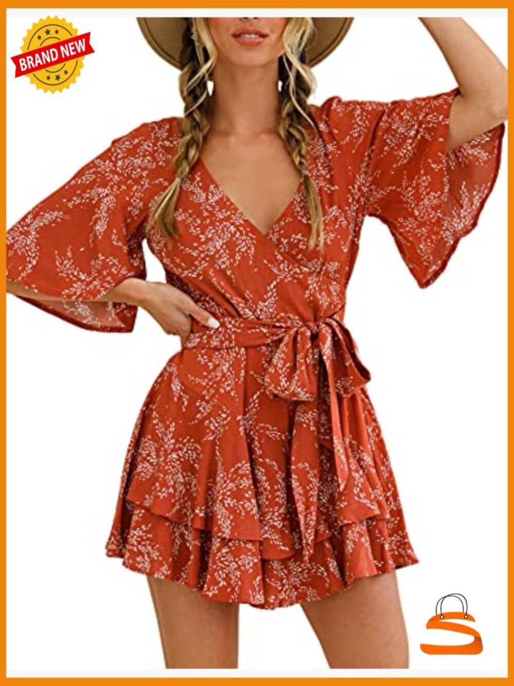 Short Flared Sleeve Romper Jumpsuit with Ruffle Hem - Picture 4 of 7